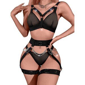 Women's Fishnet Black Sexy Chain Strappy Garter Belt Lingerie Set Rave Outfits
